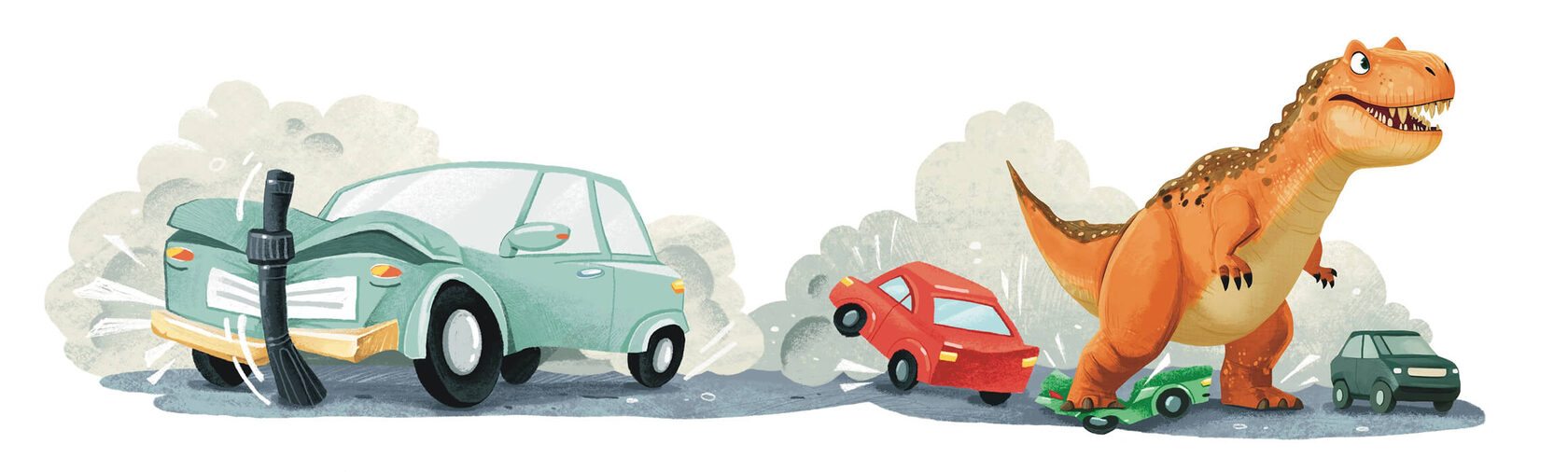 Иллюстрация с динозавром и машинками – стилизованное изображение разрушения