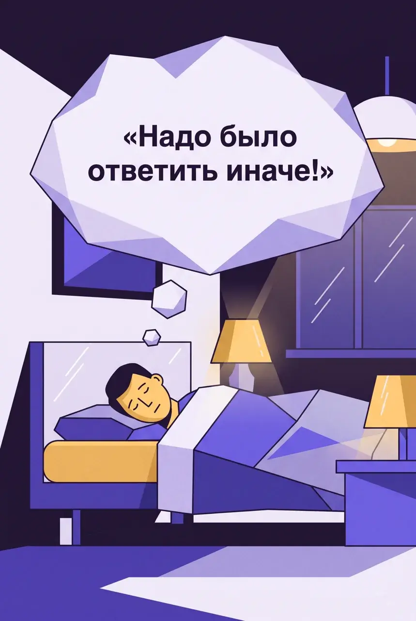 отрудник лежит в кровати, над ним облачко мыслей с текстом: «Надо было ответить иначе!»