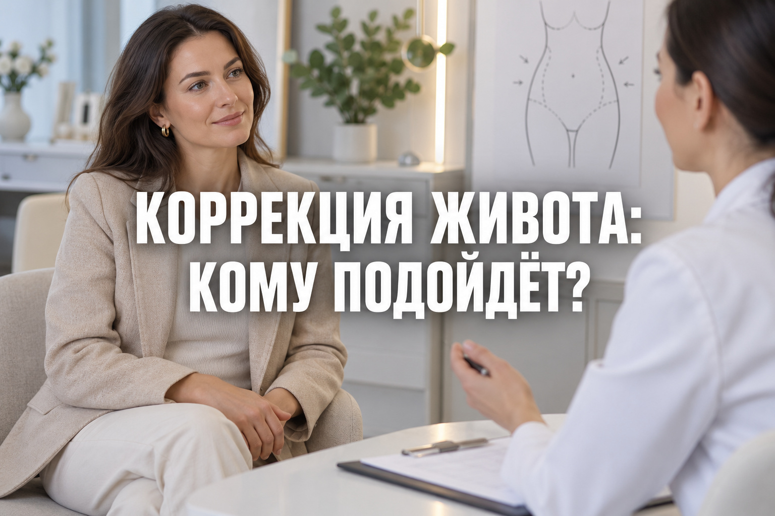 Клиентка беседует со специалистом о локальной коррекции живота; по центру крупная фраза «КОРРЕКЦИЯ ЖИВОТА: КОМУ ПОДОЙДЁТ?»
