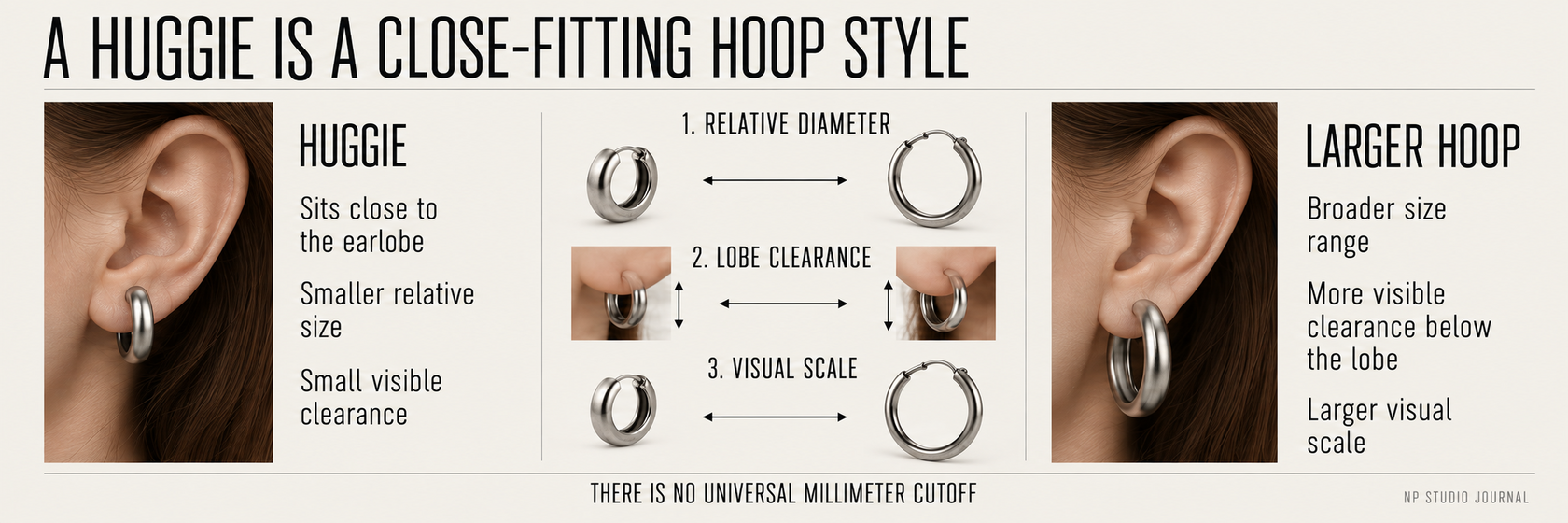Huggie and larger hoop compared by relative diameter, lobe clearance and visual scale, with no universal millimeter cutoff