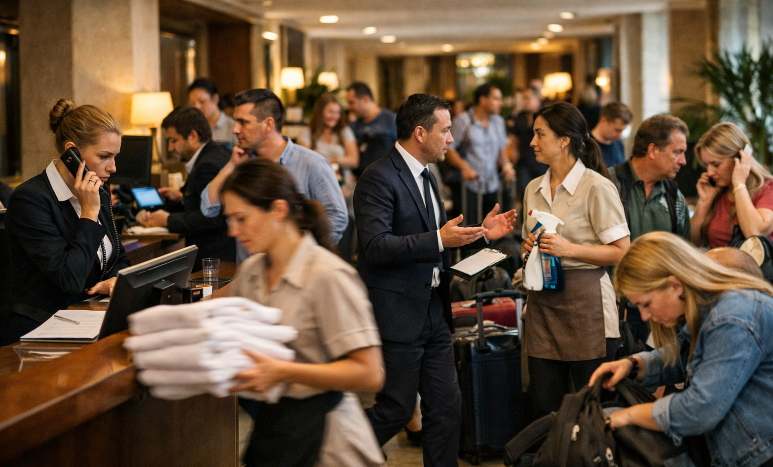 Вечерний заезд: очередь на ресепшн и суета в лобби