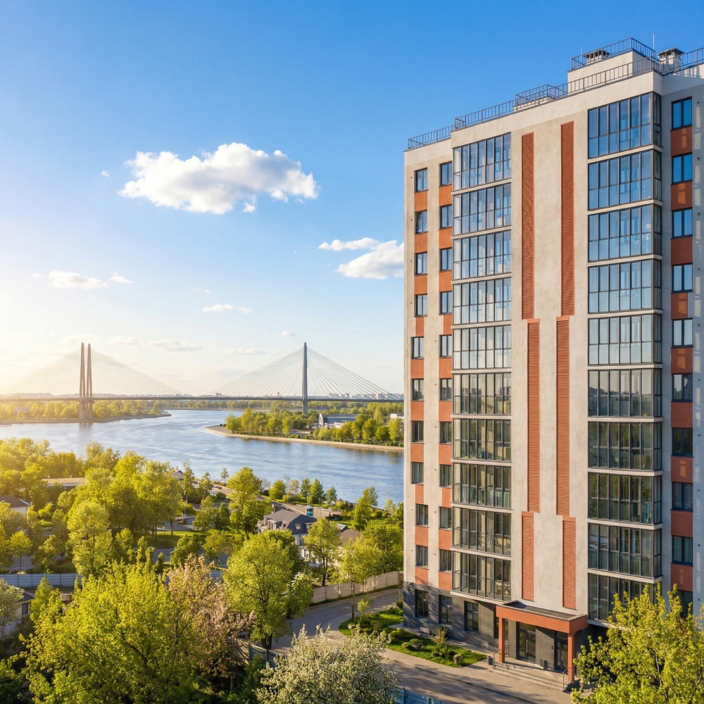 Жилой комплекс с видом на воду и мост