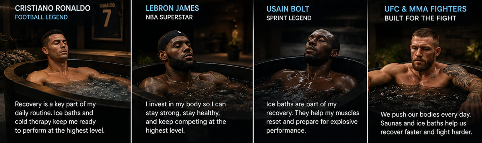 An infographic showcasing elite athletes in ice baths, featuring Cristiano Ronaldo, LeBron James, Usain Bolt, and UFC fighters with quotes about the recovery benefits of cold therapy.