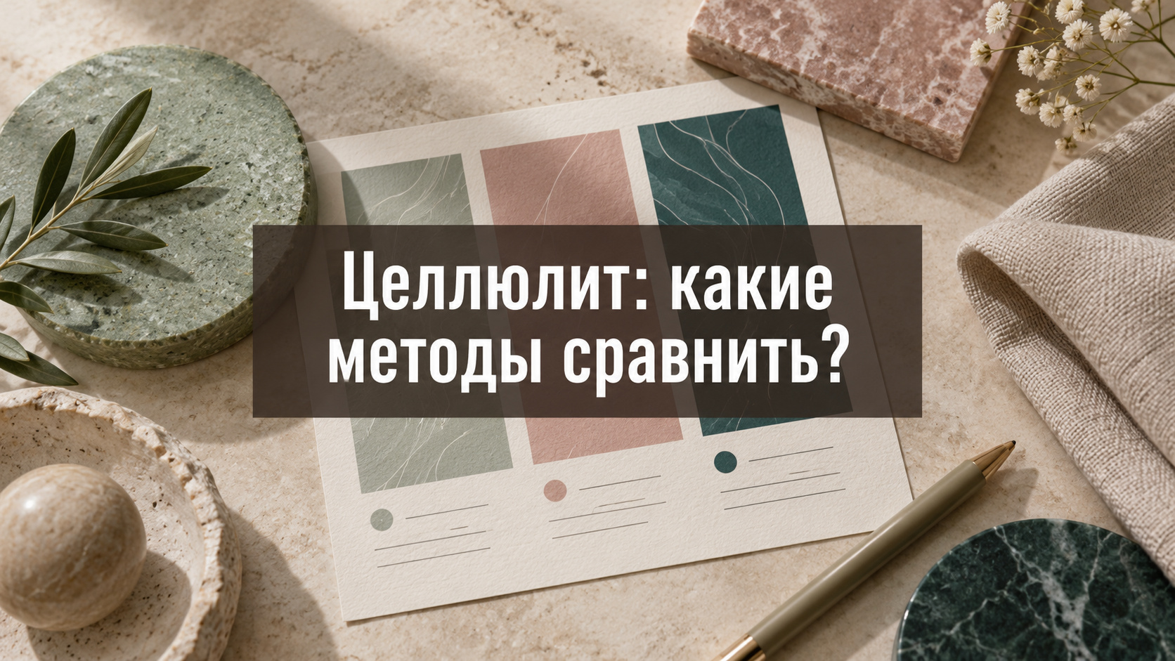 Редакционная композиция с тремя образцами фактур и цветов на листе для сравнения; по центру фраза «Целлюлит: какие методы сравнить?»