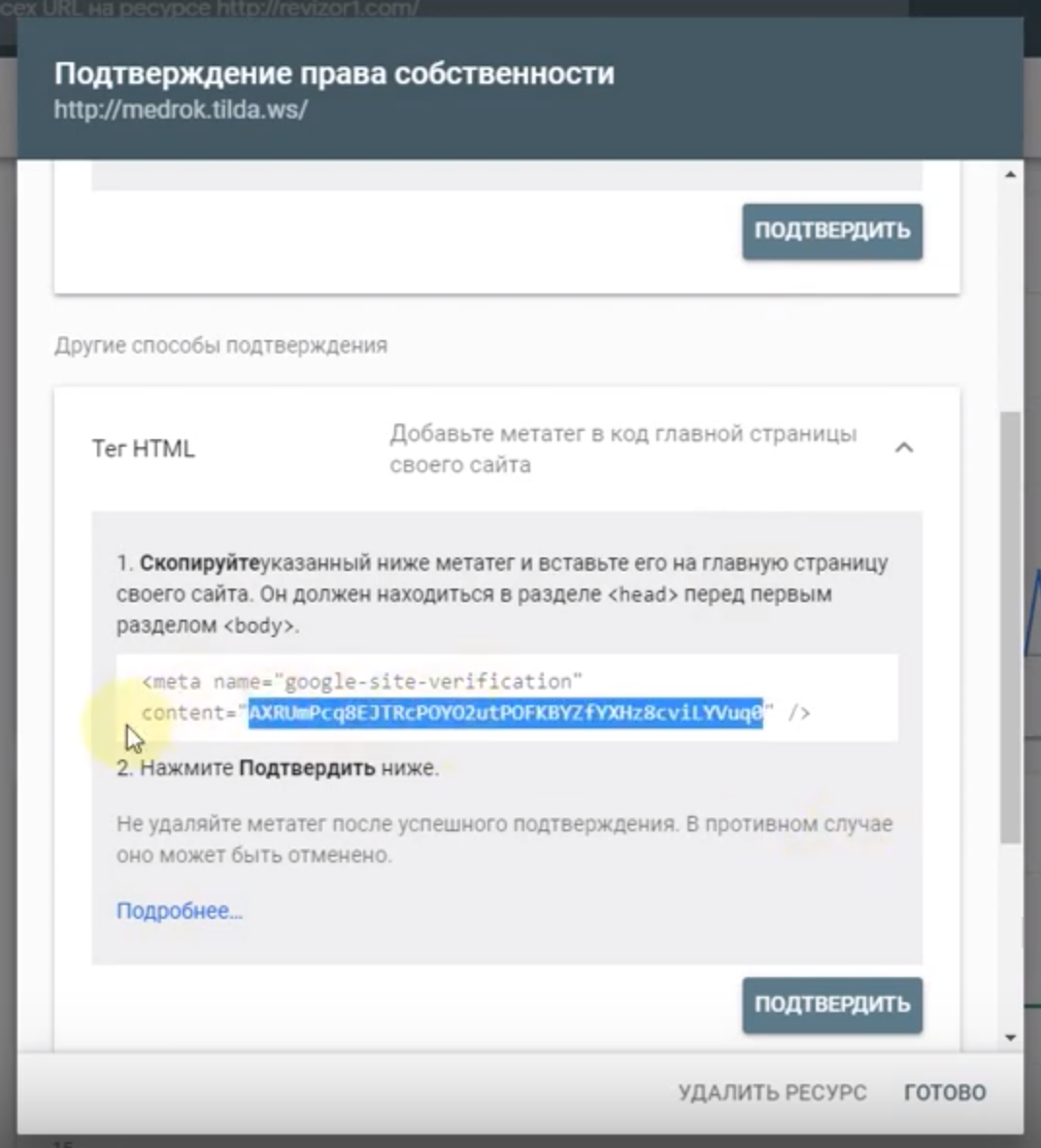 Google — подтвердить право собственности на домен сайта с использованием  мета-тега | Тильда Конструктор для Создания Сайтов