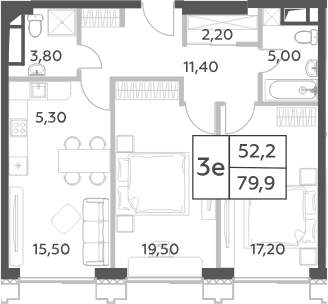 3 Евро — 52,2 / 79,9 м²
