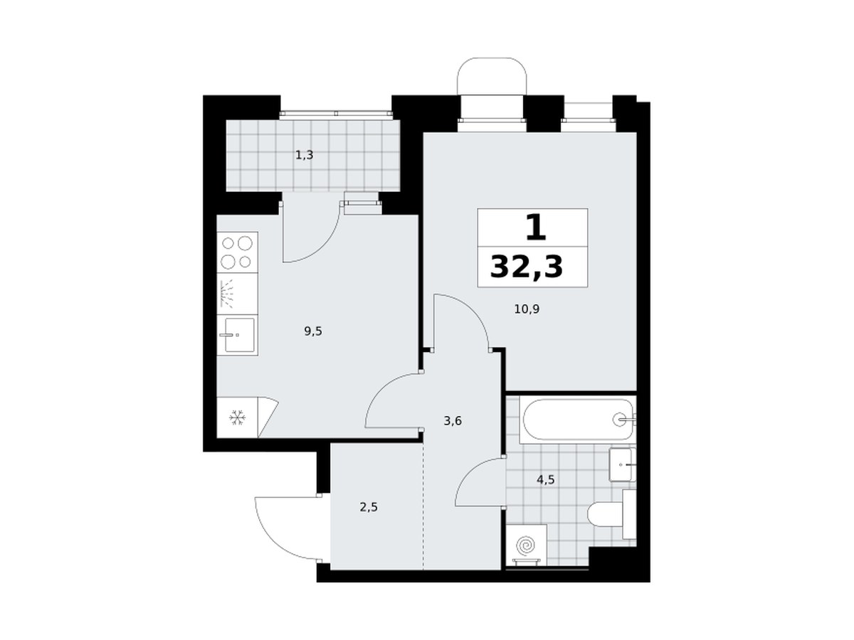 Планировка: 1-комнатная квартира 32,3 м², ЖК Прокшино, корпус 10.3.1