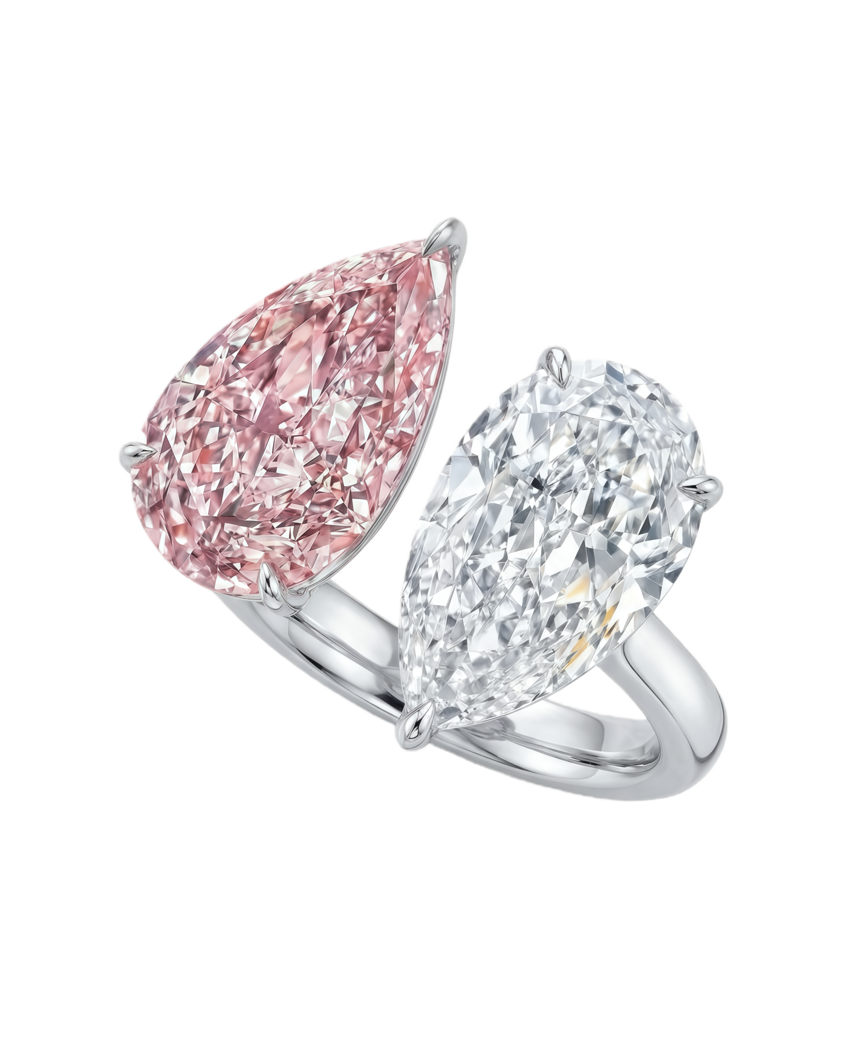 Кольцо Ты и я с розовой и бесцветной грушей, выращенные бриллианты