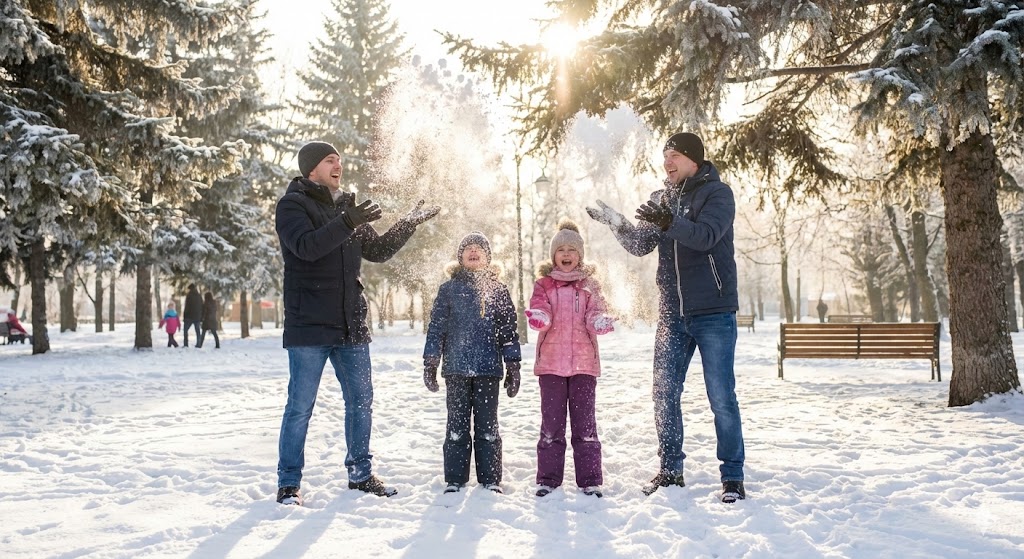 Счастливая семья подбрасывает снег вверх в солнечный зимний день 18 января