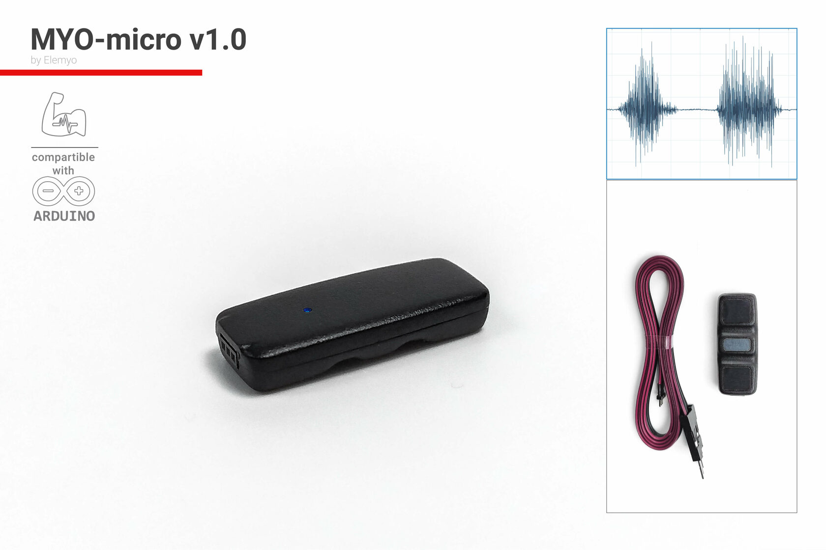 The reusable MYO-micro v1.0 sensor for registration of an electromyogram  (EMG) and an electrocardiogram (ECG) with a built-in signal amplification  and filtering system. Buy it