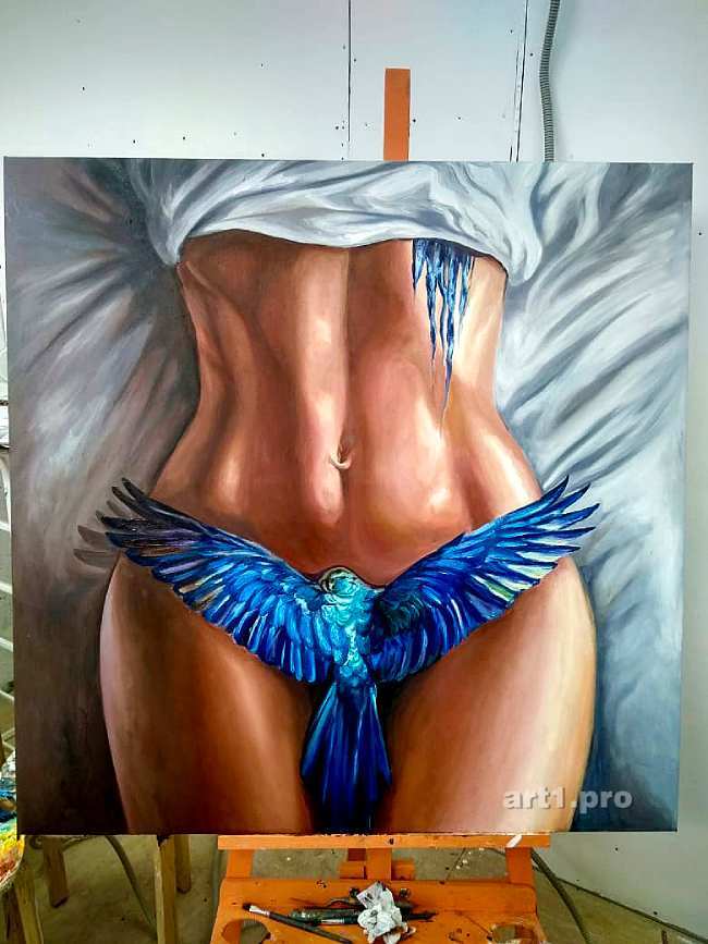 картина маслом птица счастье синяя