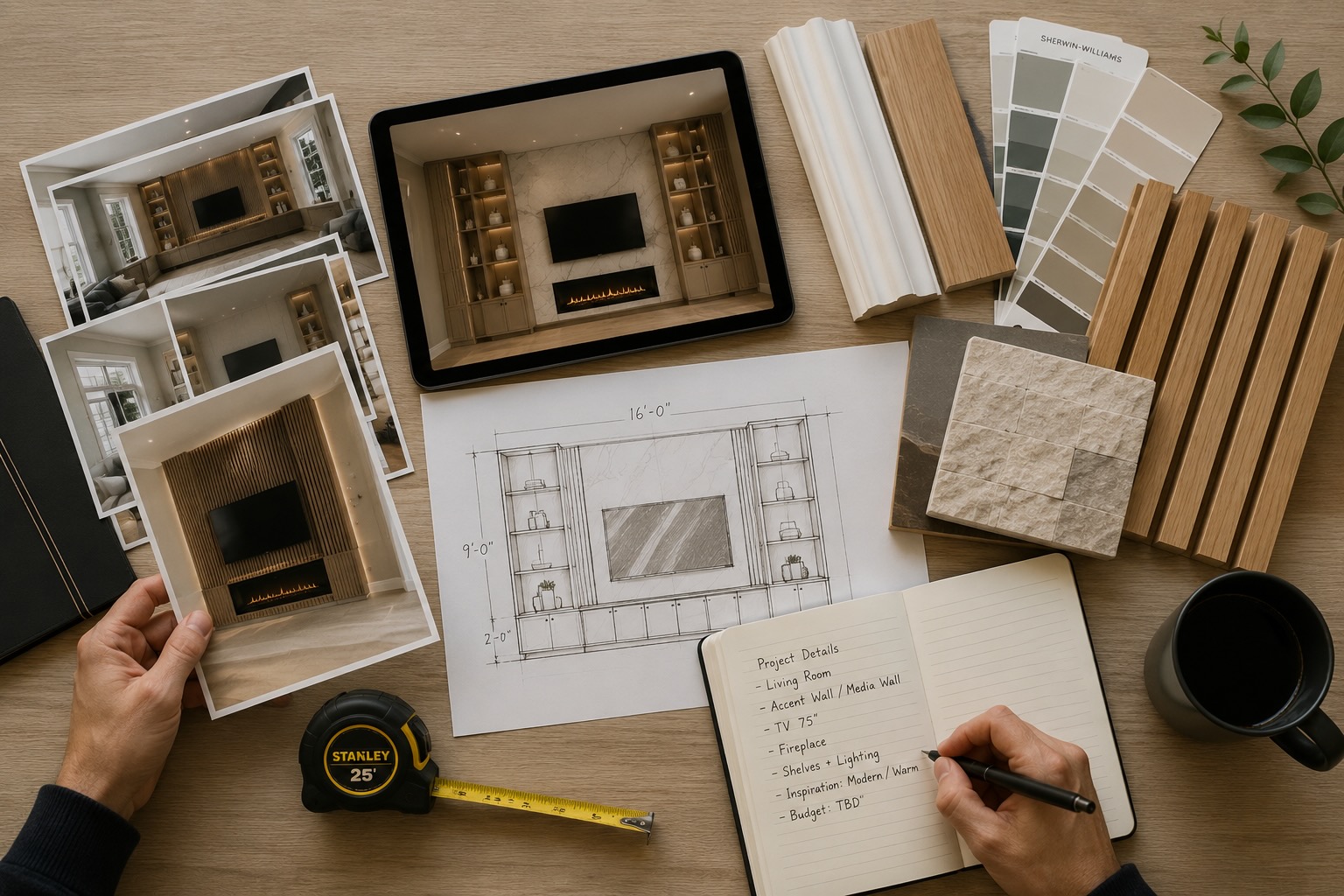 Top-down view of a design consultation workspace with accent wall plans, room photos, material samples, measurements, and inspiration images used to prepare a custom project estimate.