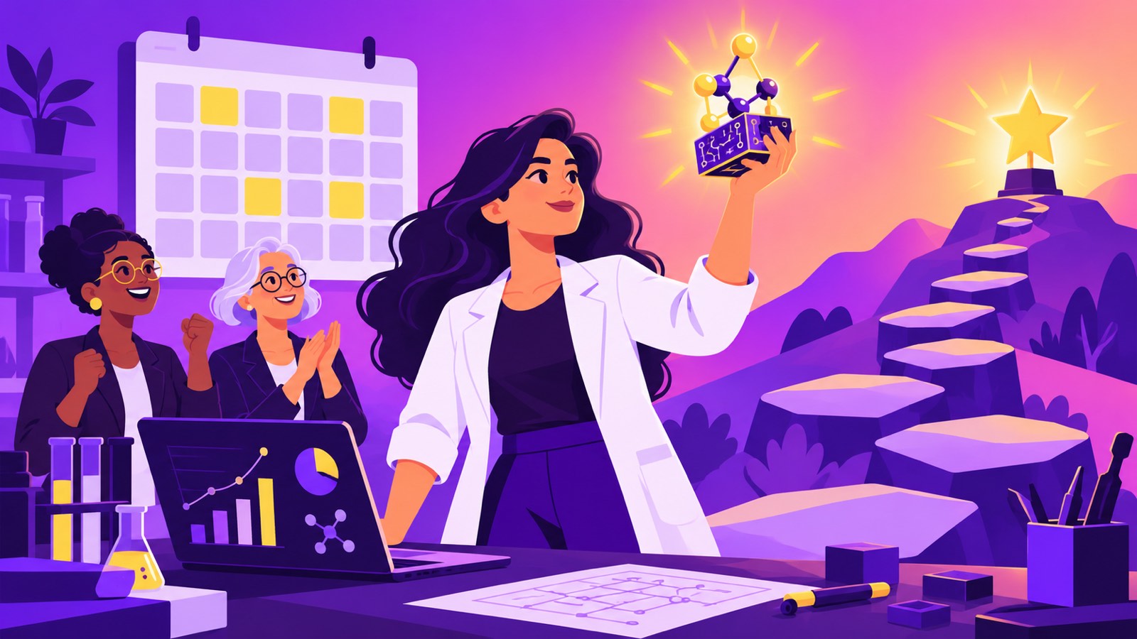 Women TechEU illustration: a woman deep tech founder presenting her prototype, with grant deadlines on a calendar behind her