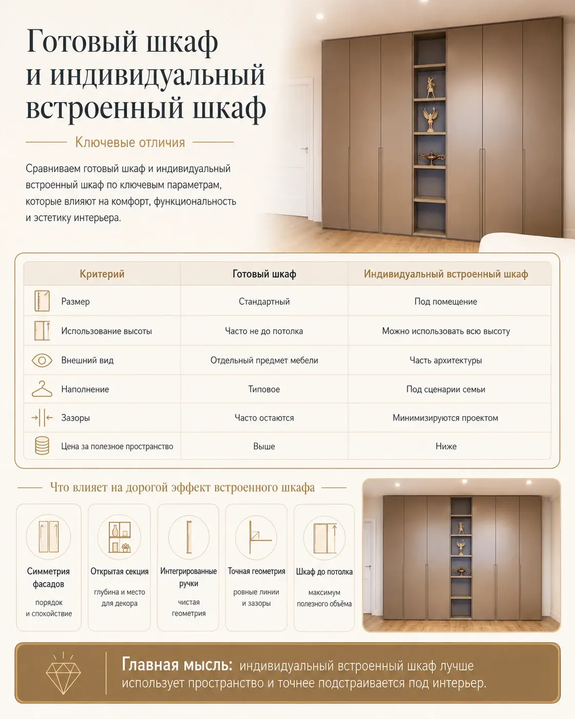 Готовый шкаф и индивидуальный встроенный шкаф — сравнение