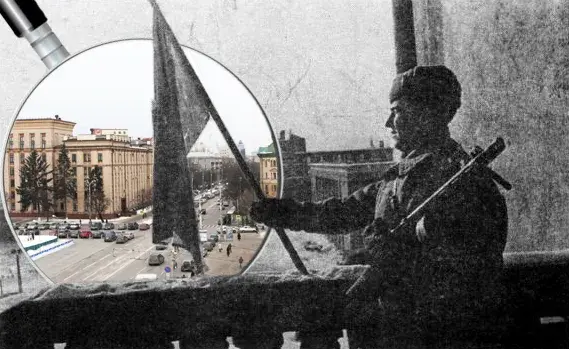 Советские солдаты водружают знамя освобождения над Воронежем, январь 1943 года.