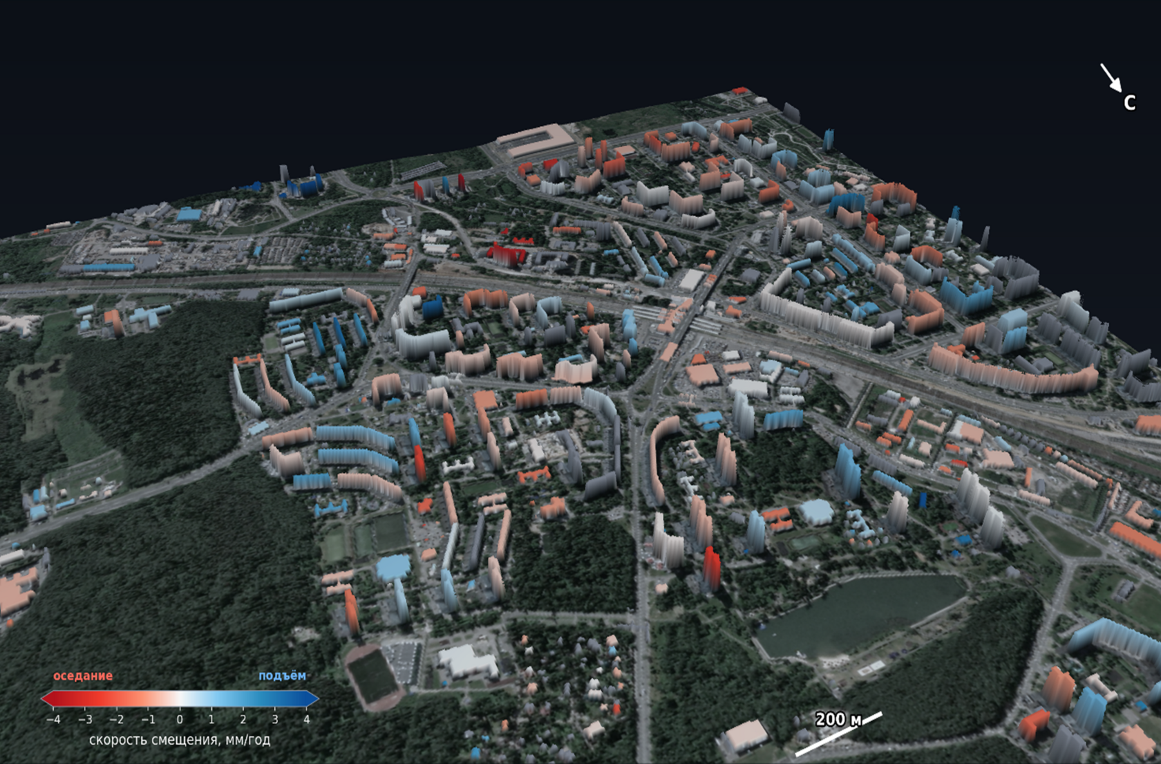 (fig. 3) Central Zelenograd, three kilometers of buildings in a single frame. The color of a building is its own displacement velocity, the height is real, based on the number of floors; the terrain and the image under the buildings are real. Gray buildings are those with insufficient measurements.