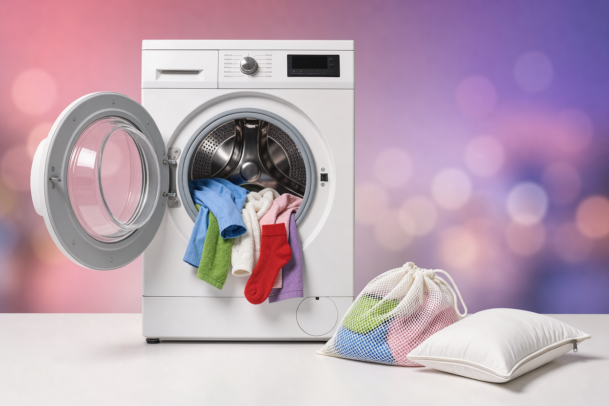Open washing machine drum with mixed textiles inside, mesh laundry bag and zipped pillowcase for delicates nearby