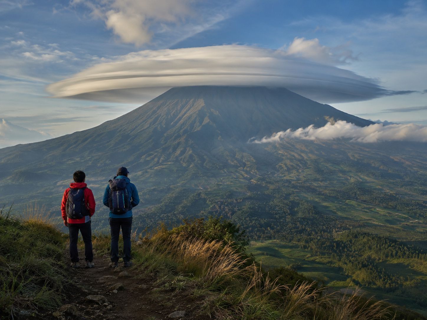 Pendaki mengamati awan lentikular berbentuk lensa yang menggantung di atas puncak gunung