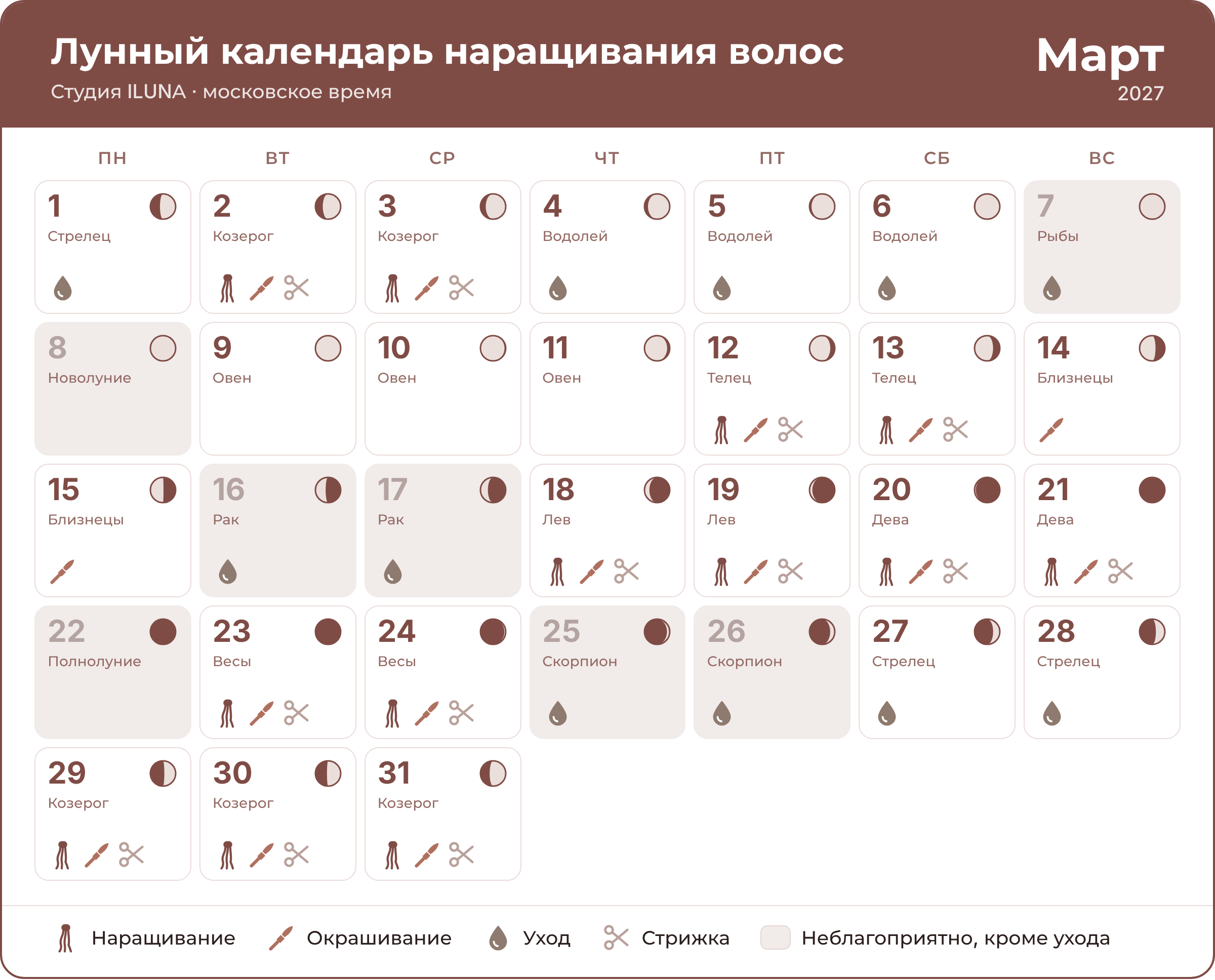 Лунный календарь наращивания волос на март 2027 по дням