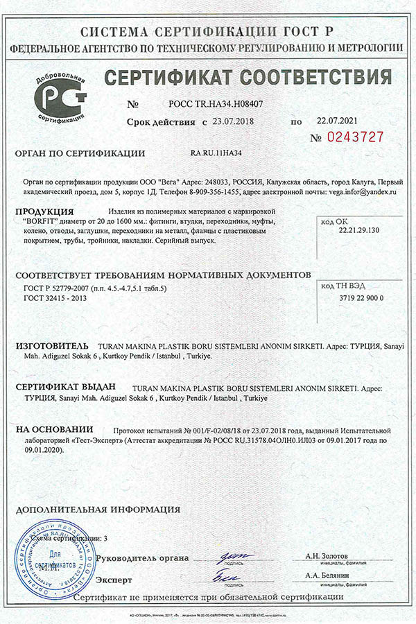 Сертификат соответствия на изделия из полимерных материалов с маркировкой - BORFIT БОРФИТ