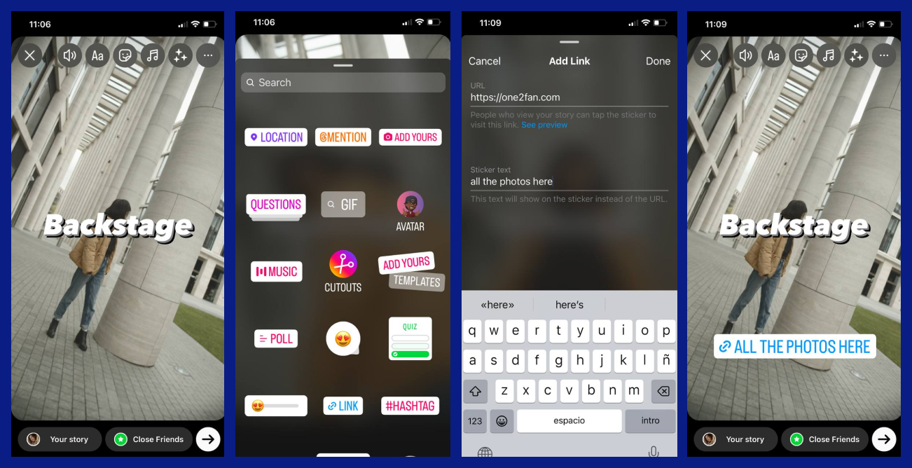 The first screenshot shows the screen for adding a Story on Instagram. To add a sticker with a link, you need to click on the smiley icon. The second screenshot shows all existing Instagram stickers, among which you need to find a sticker with the “Link” written on it. The third screenshot shows what the process of pasting a link looks like. The last screenshot shows how a sticker with a link looks on the story itself.