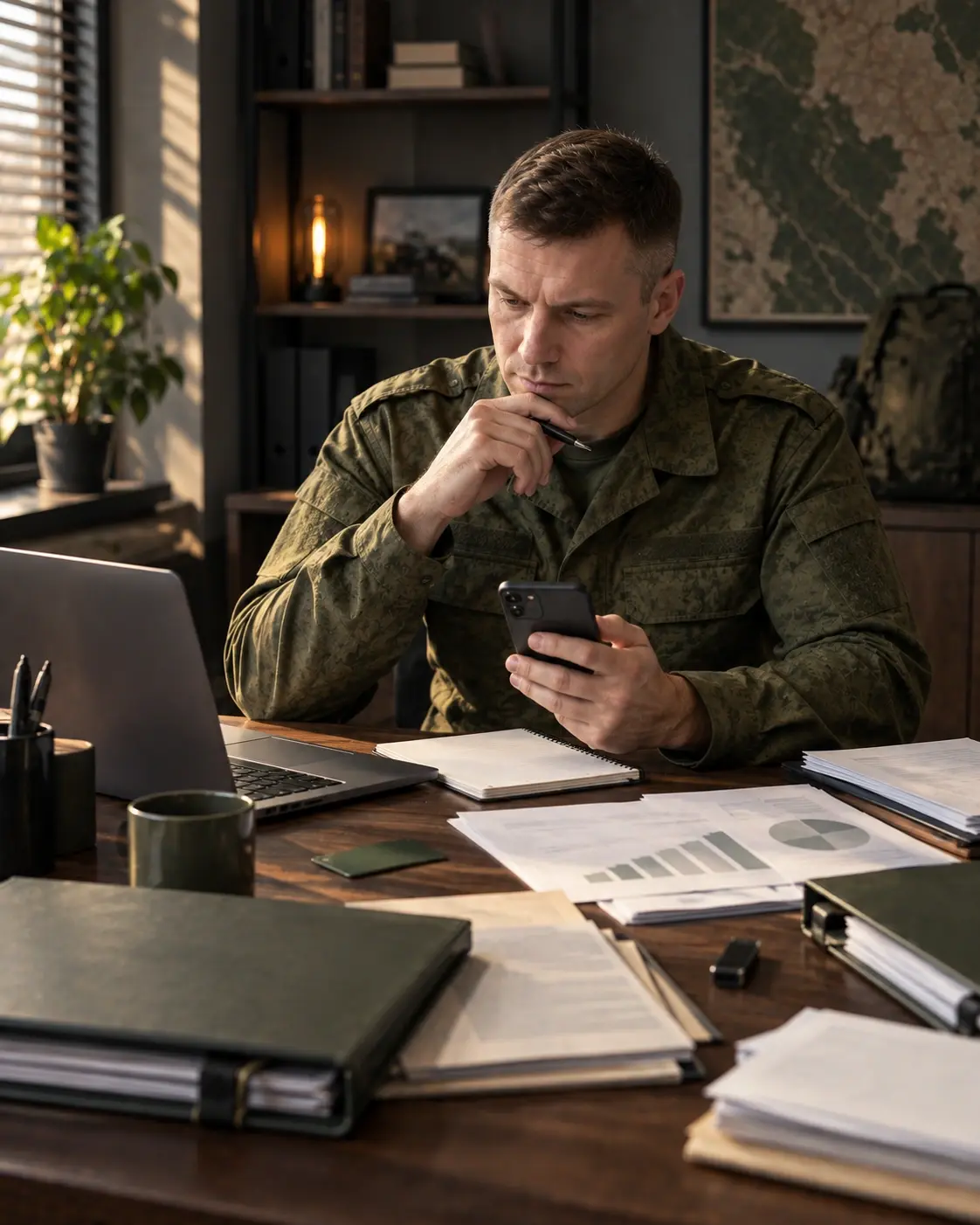 Мужчина готовит документы, график платежей и банковские реквизиты перед отъездом