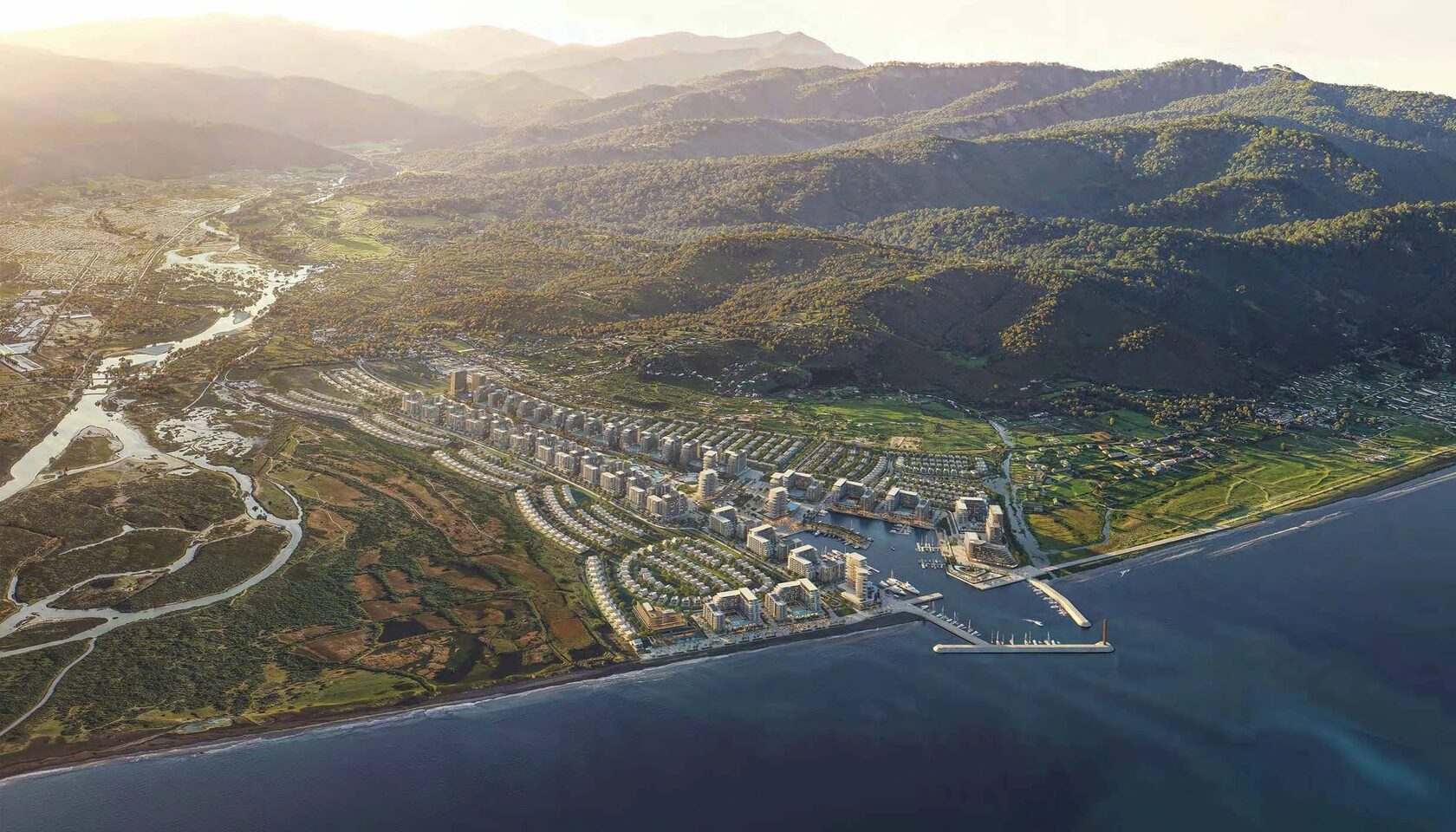 Аэрофотоснимок генерального плана яхтенной пристани Gonio Yacht & Marina в Батуми на рассвете — рендер проекта.