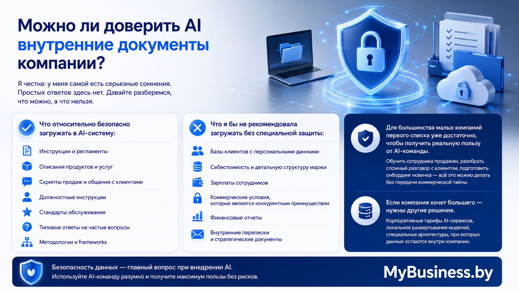 Инфографика о безопасности AI для бизнеса: какие внутренние документы компании можно и нельзя загружать в AI-систему