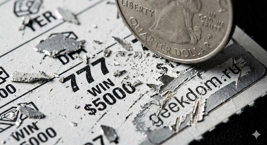 Процесс стирания защитного слоя с лотерейного билета монетой.