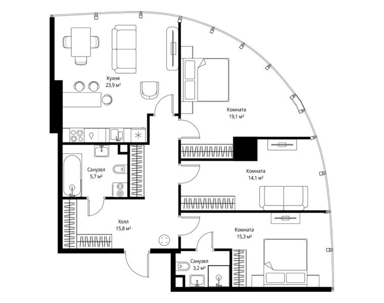Планировка квартиры с 3 спальнями 97,1 м² в ЖК ONE: 38-й этаж