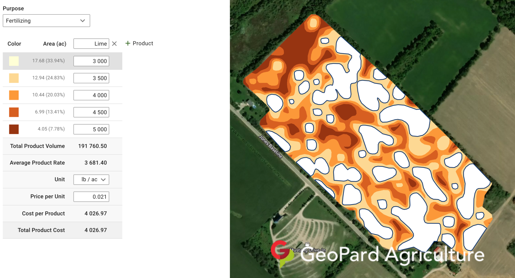 Variable rate Lime application based on SoilOptix pH levels. The cost of product is calculated by GeoPard