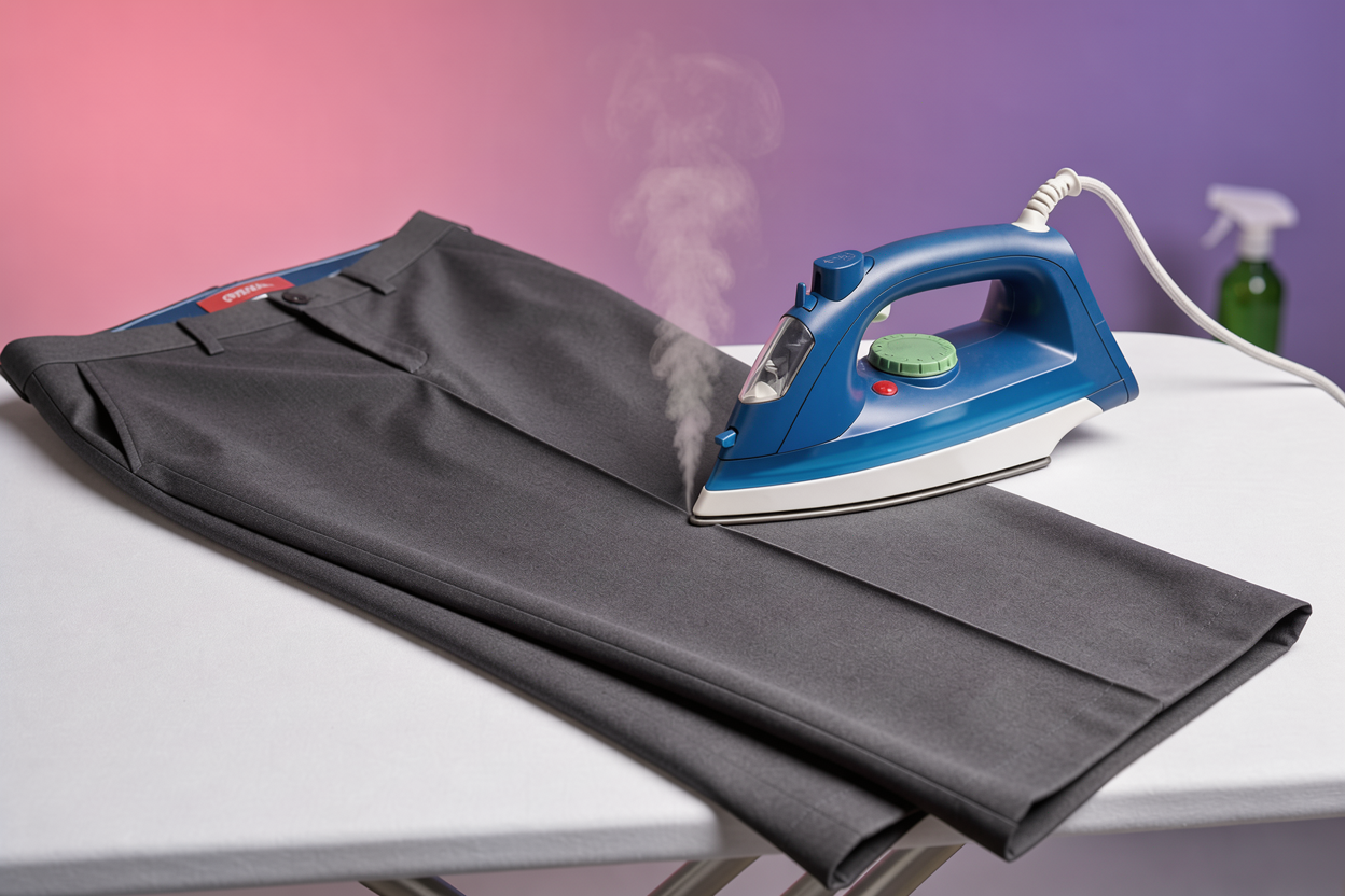 trousers on an ironing board with a steam iron forming a crisp crease along the leg