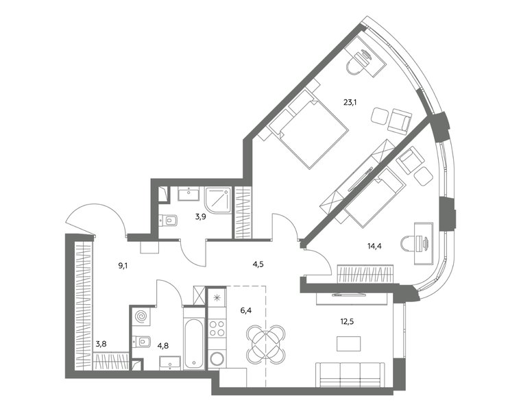 Планировка 3-комнатной квартиры 82,5 м² в ЖК «Адмирал»: корпус 1.1, секция 1, 22-й этаж