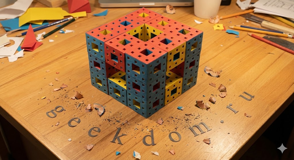 Бумажный фрактал губка Менгера на деревянном столе