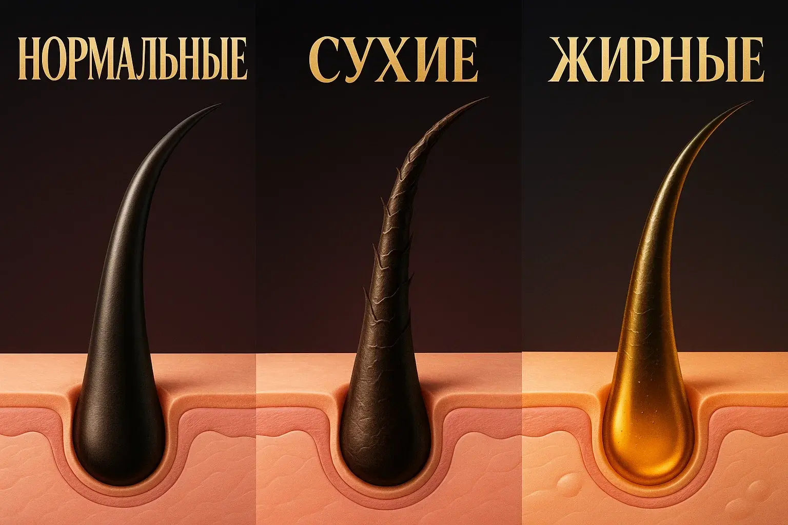 Нормальные, сухие и жирные волосы — сравнительное изображение для подбора ухода.