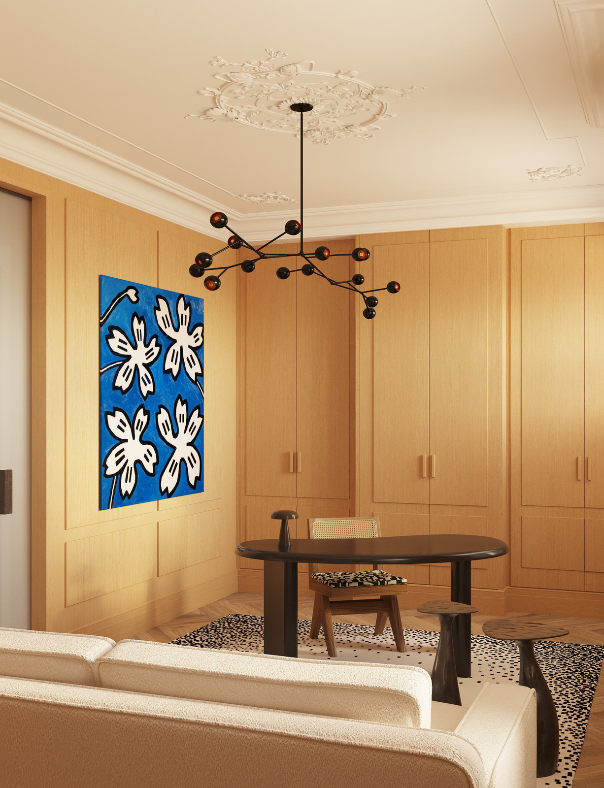 Светильник Pouenat, стол и стул Cassina, диван Meridiani, ковёр Atelier Fevrier в кабинете дизайн-проекта Екатерины Фёдоровой