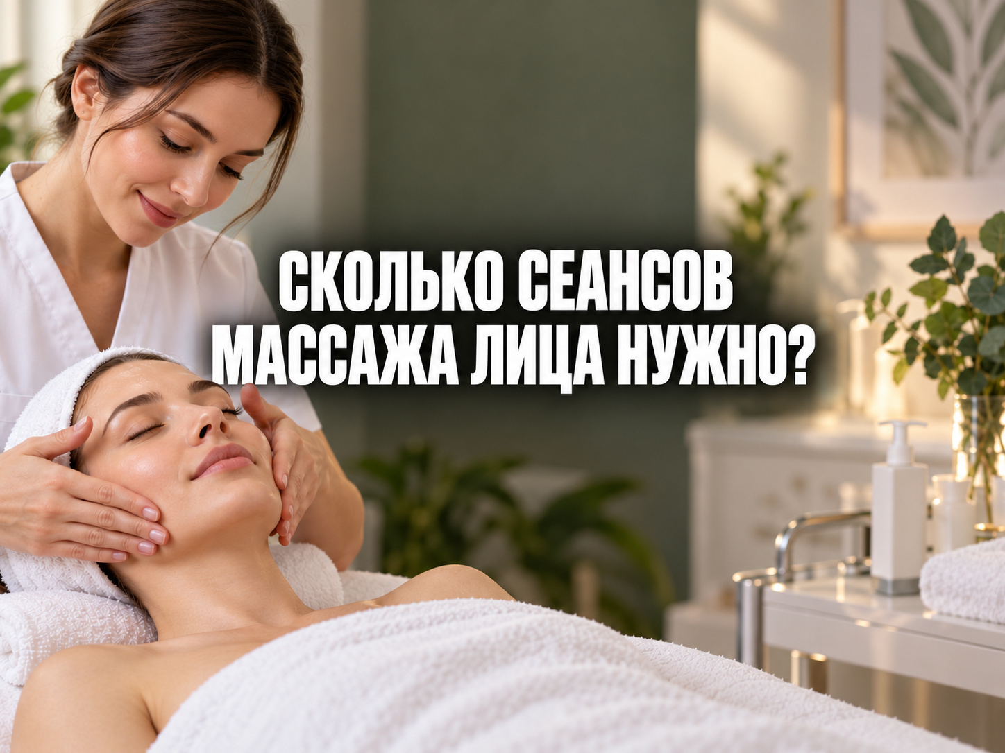 Специалист мягко массирует лицо клиентки в кабинете косметологии; по центру фраза «СКОЛЬКО СЕАНСОВ МАССАЖА ЛИЦА НУЖНО?»