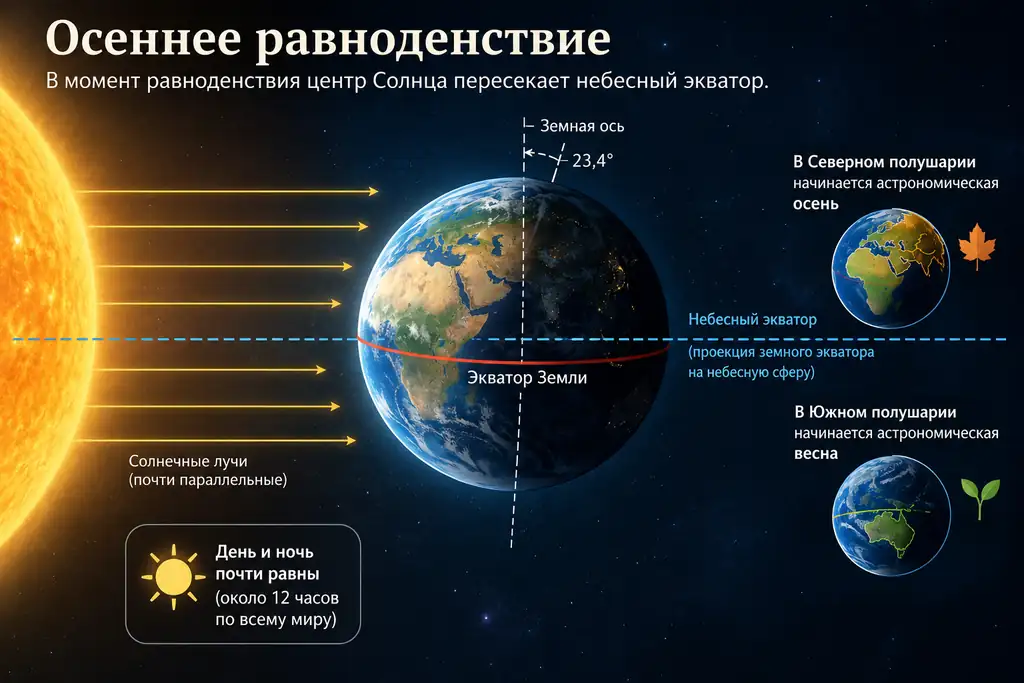 Схема осеннего равноденствия: Солнце, Земля, небесный экватор и смена астрономических сезонов