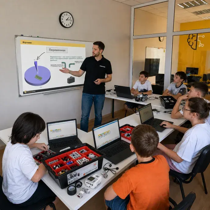 Преподаватель разбирает с учениками задачу по программированию LEGO EV3