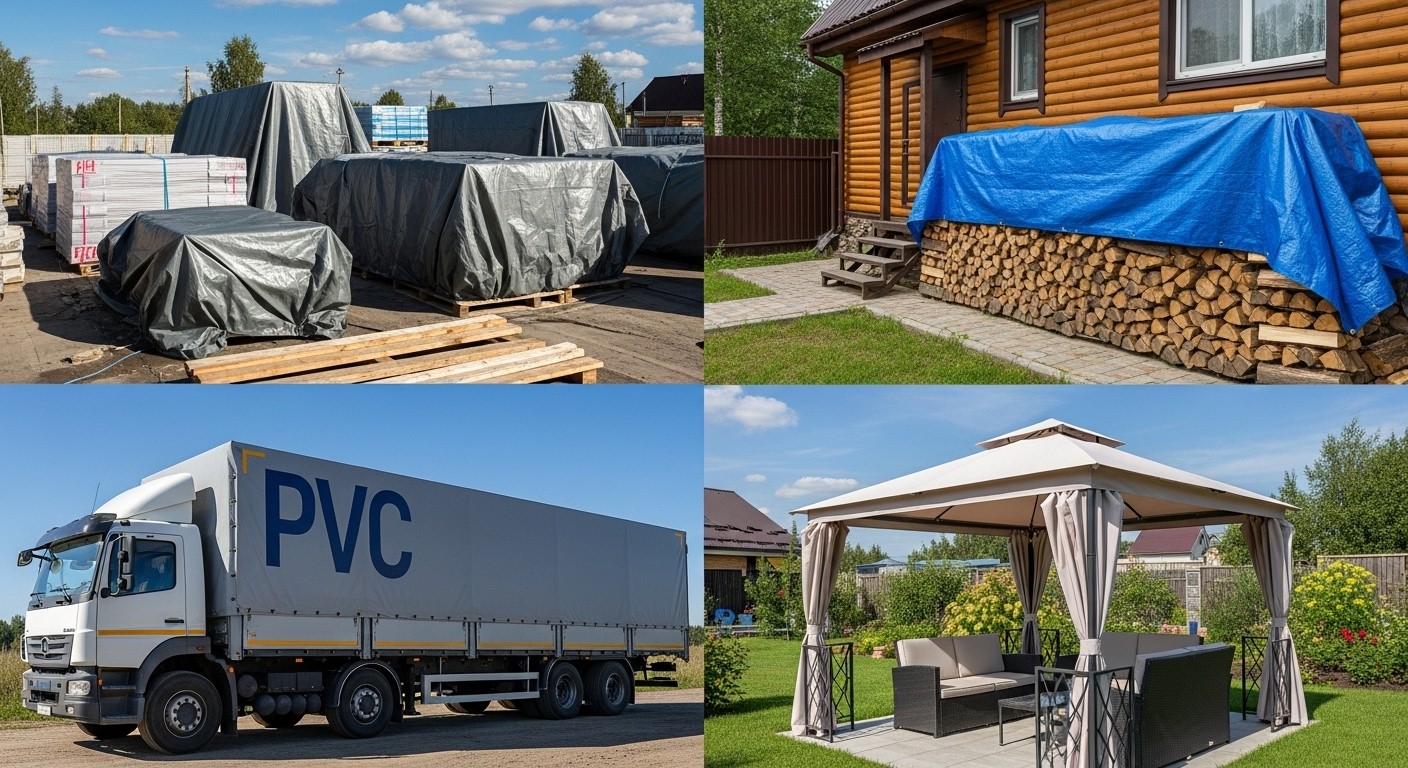 Четыре примера применения тентов на стройке для укрытия материалов на даче для дров на грузовике с надписью ПВХ и в беседке с навесом