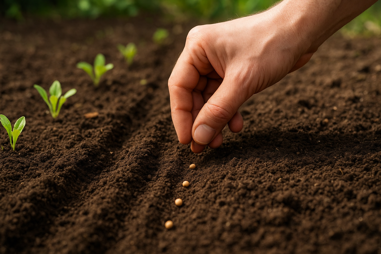 Hand planting seeds in rich soil bed with emerging seedlings, illustrating essential vegetable gardening techniques for beginners.