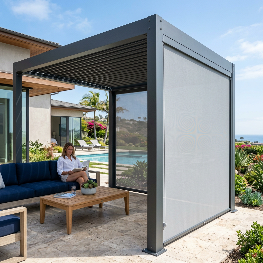 sun protection screens for louvered pergola with heaters