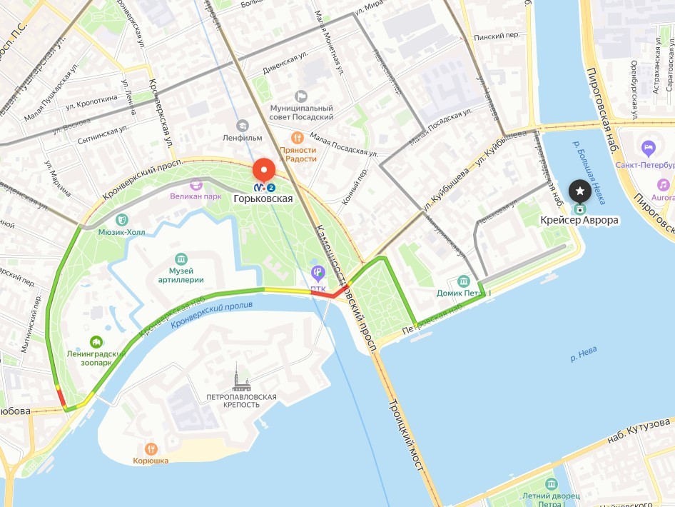 Маршрут от станции метро Горьковская до крейсера Аврора