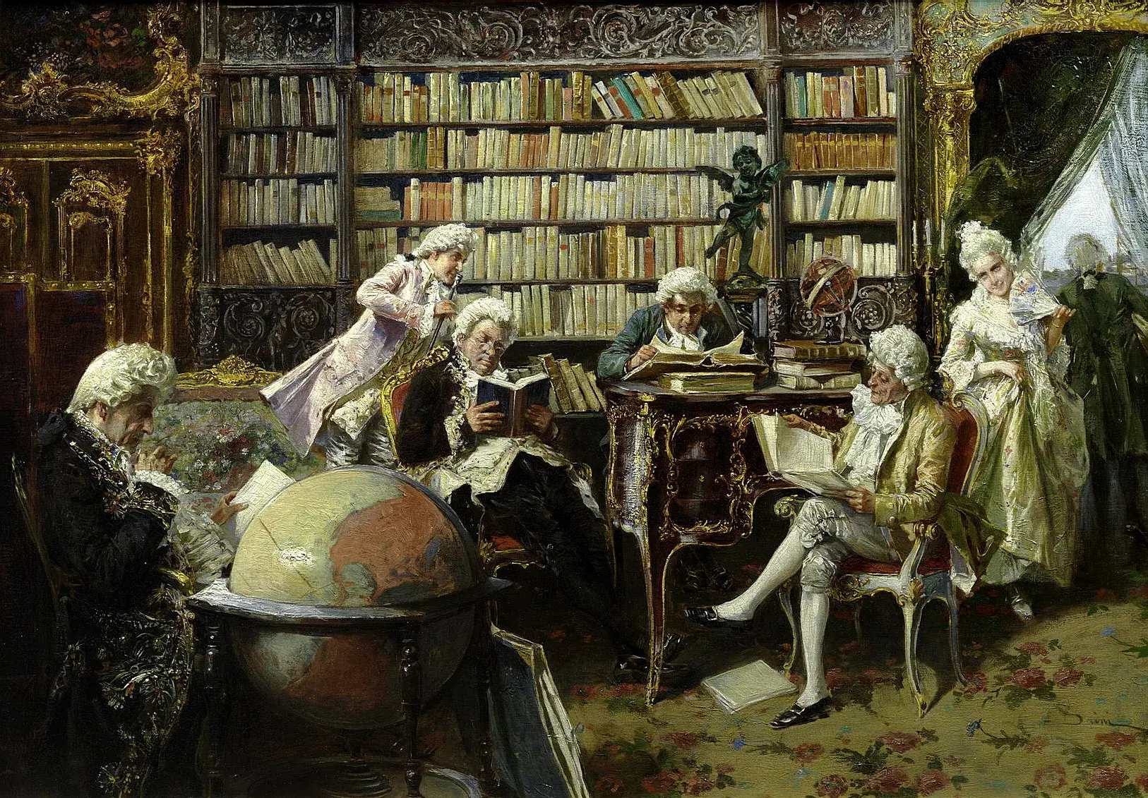 Старинная иллюстрация собрания людей в библиотеке. История Дня творческих осуществлений 12 ноября.