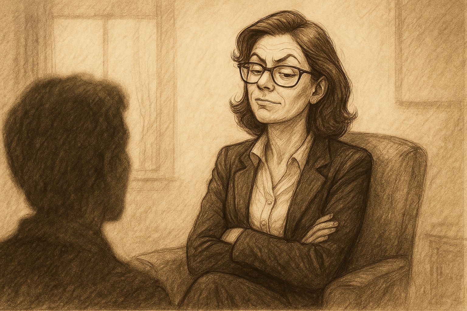 Психолог с высокомерным выражением лица смотрит на клиента. Символ выгорания, сопровождающегося цинизмом