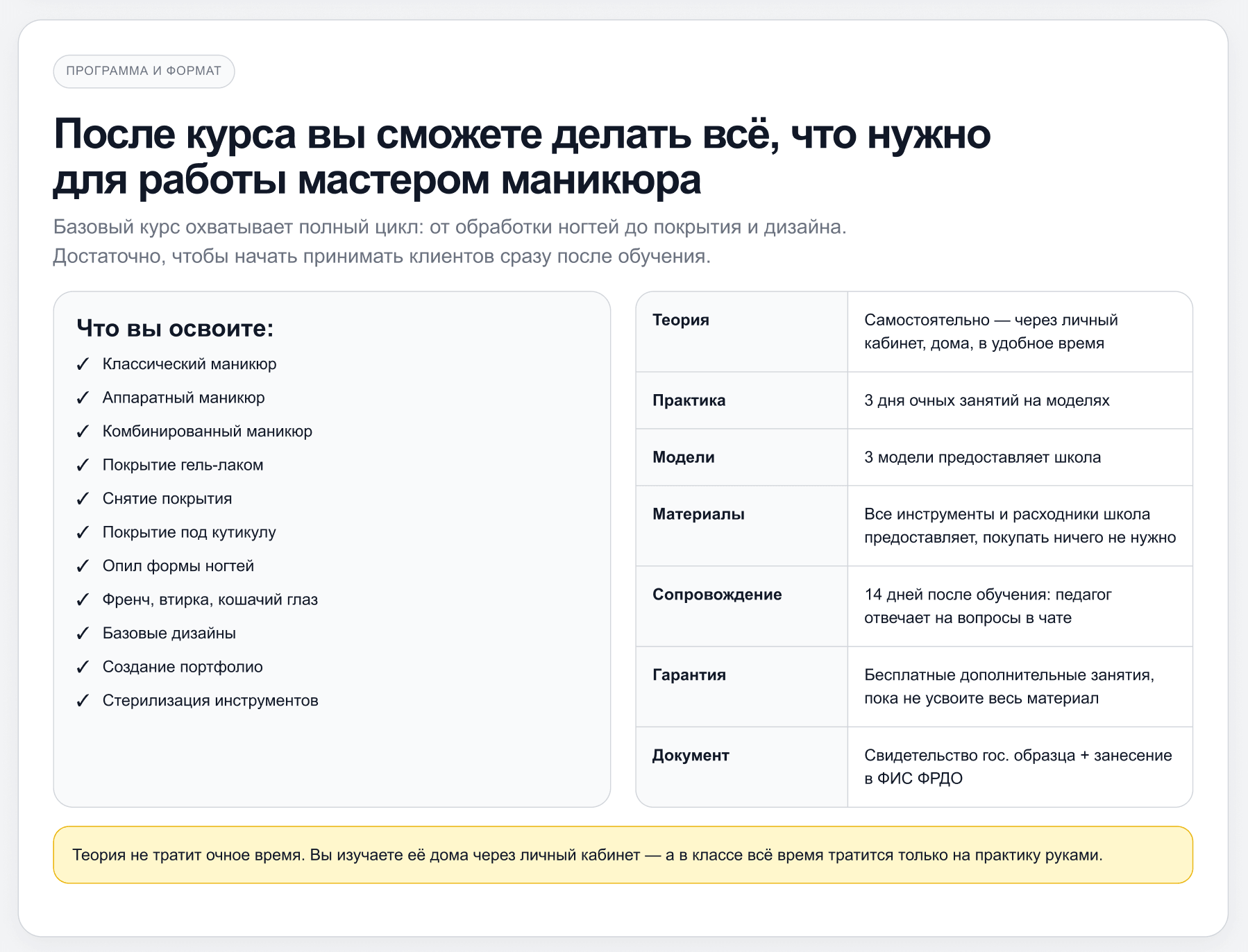 Блок «Программа и формат»: список навыков слева, таблица условий справа