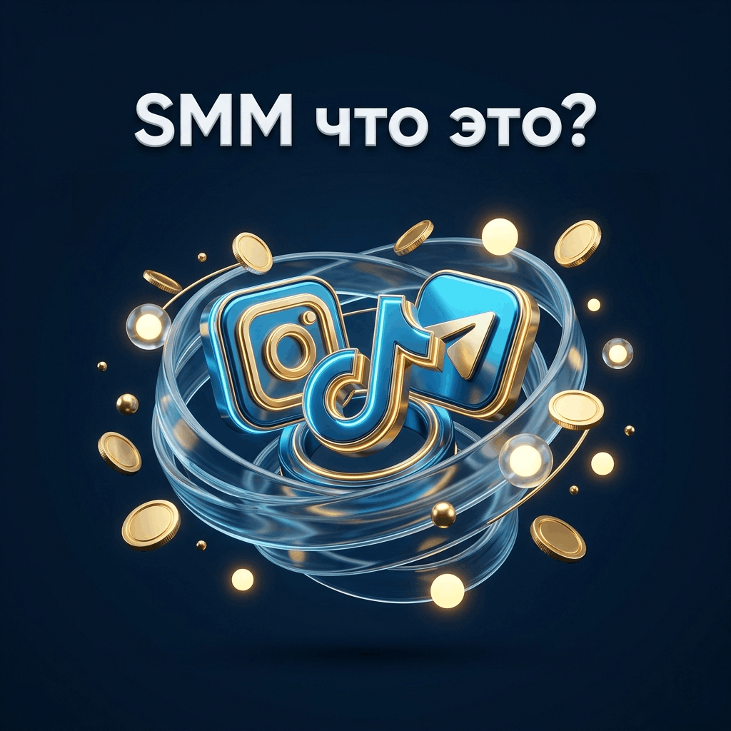 3D-иллюстрация с иконками соцсетей Instagram TikTok и Telegram и надписью SMM что это на темно-синем фоне