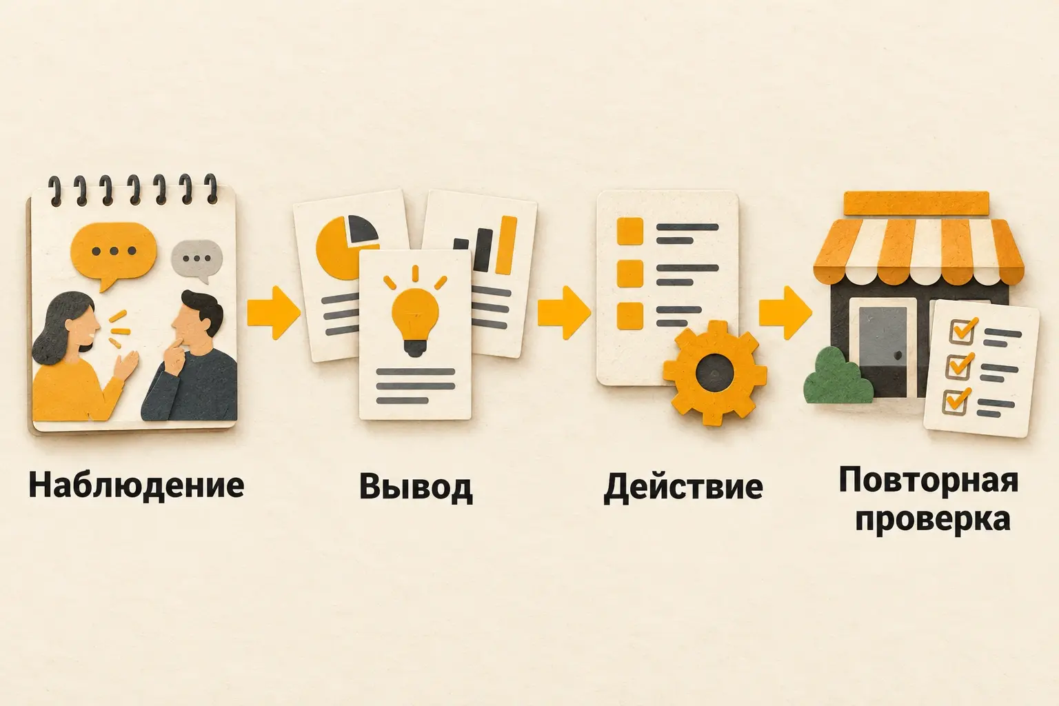 Путь от наблюдения через вывод к действию и повторной проверке