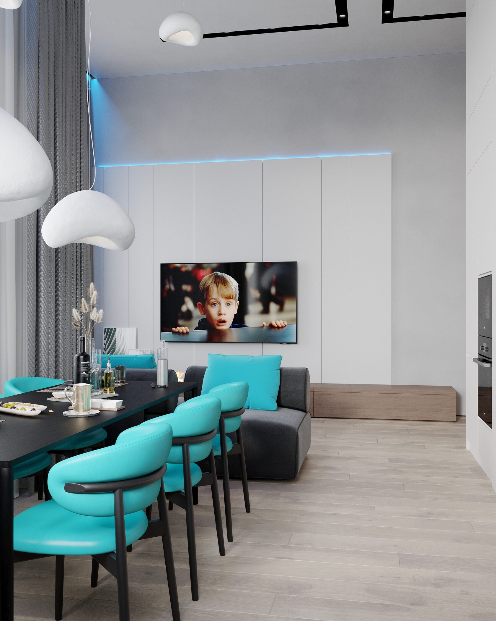 Белый интерьер с бирюзовыми акцентами