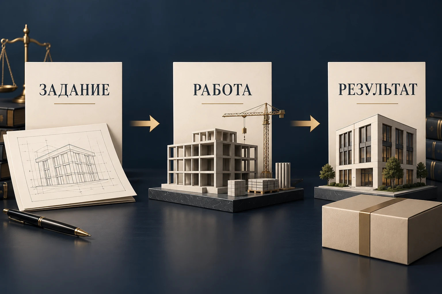 Концептуальная схема договора подряда: задание, выполнение работы и передаваемый результат